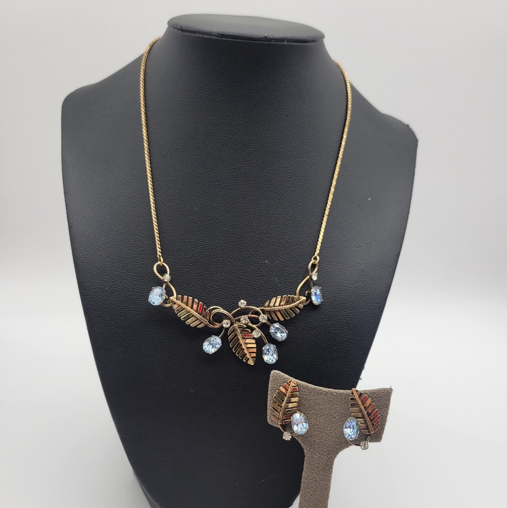 Vintage Vandell Gold filled leaf blue Rhinestone necklace and Screwback earrings